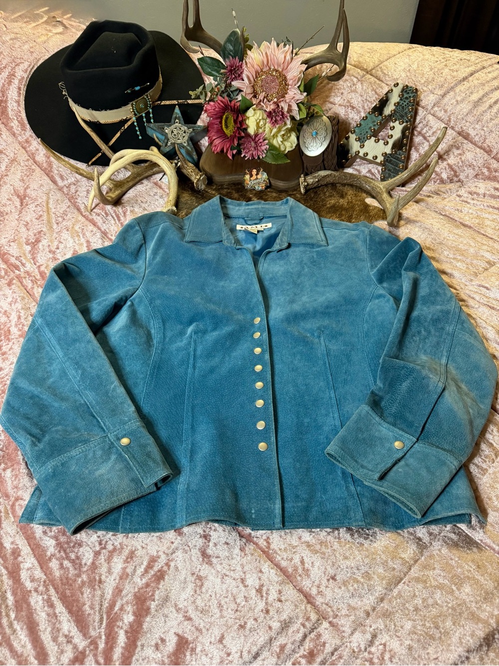 Vintage A.M.I. Blue Leather Jacket L Western Boho Y2K Snap Front